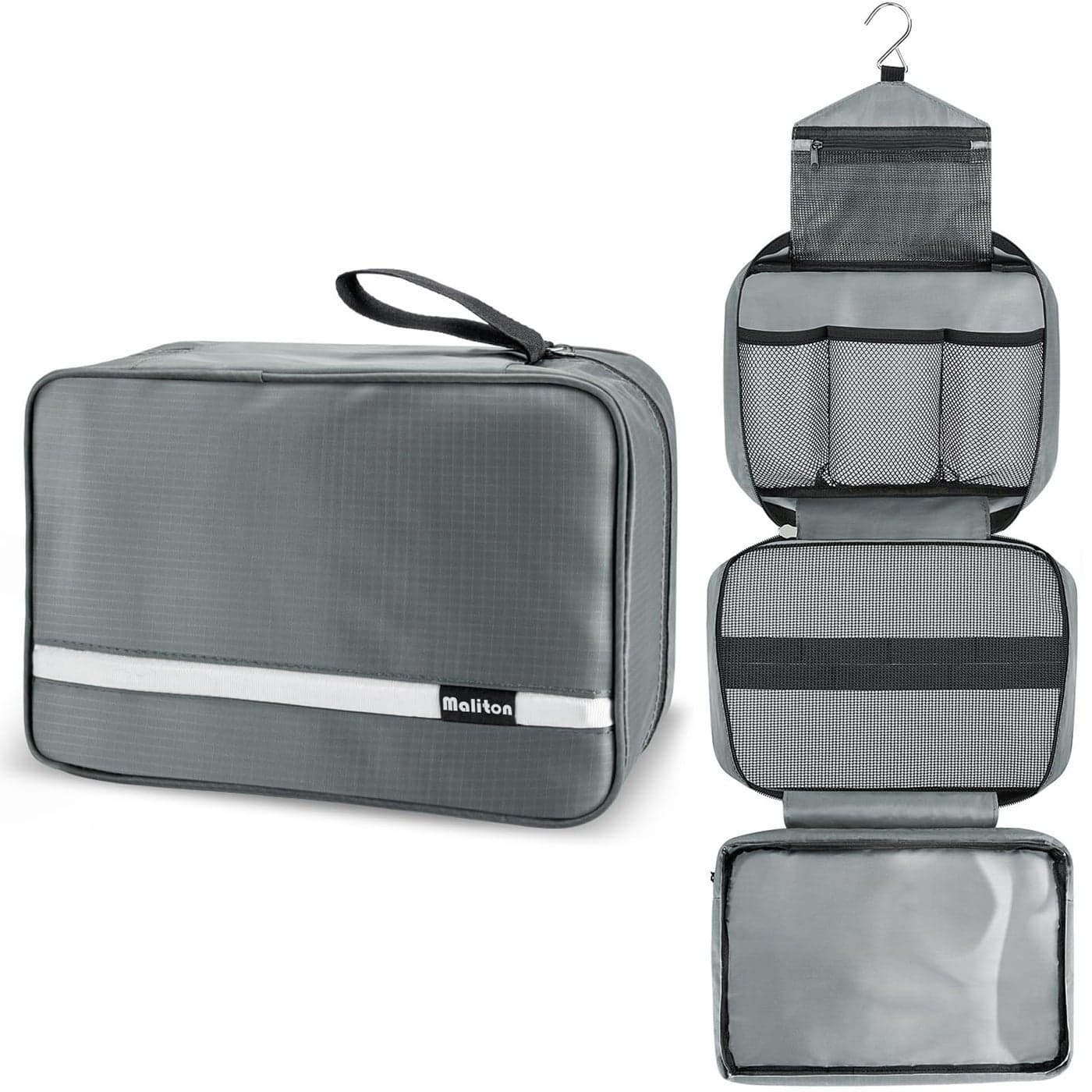 Maliton Toiletry Bag for Men Women Travel Toiletry Bag Hanging Toiletry Bag Hygiene Organizer with 4 Compartments Waterproof Bathroom Shower Bag Large Toiletries Travel Bag Gray