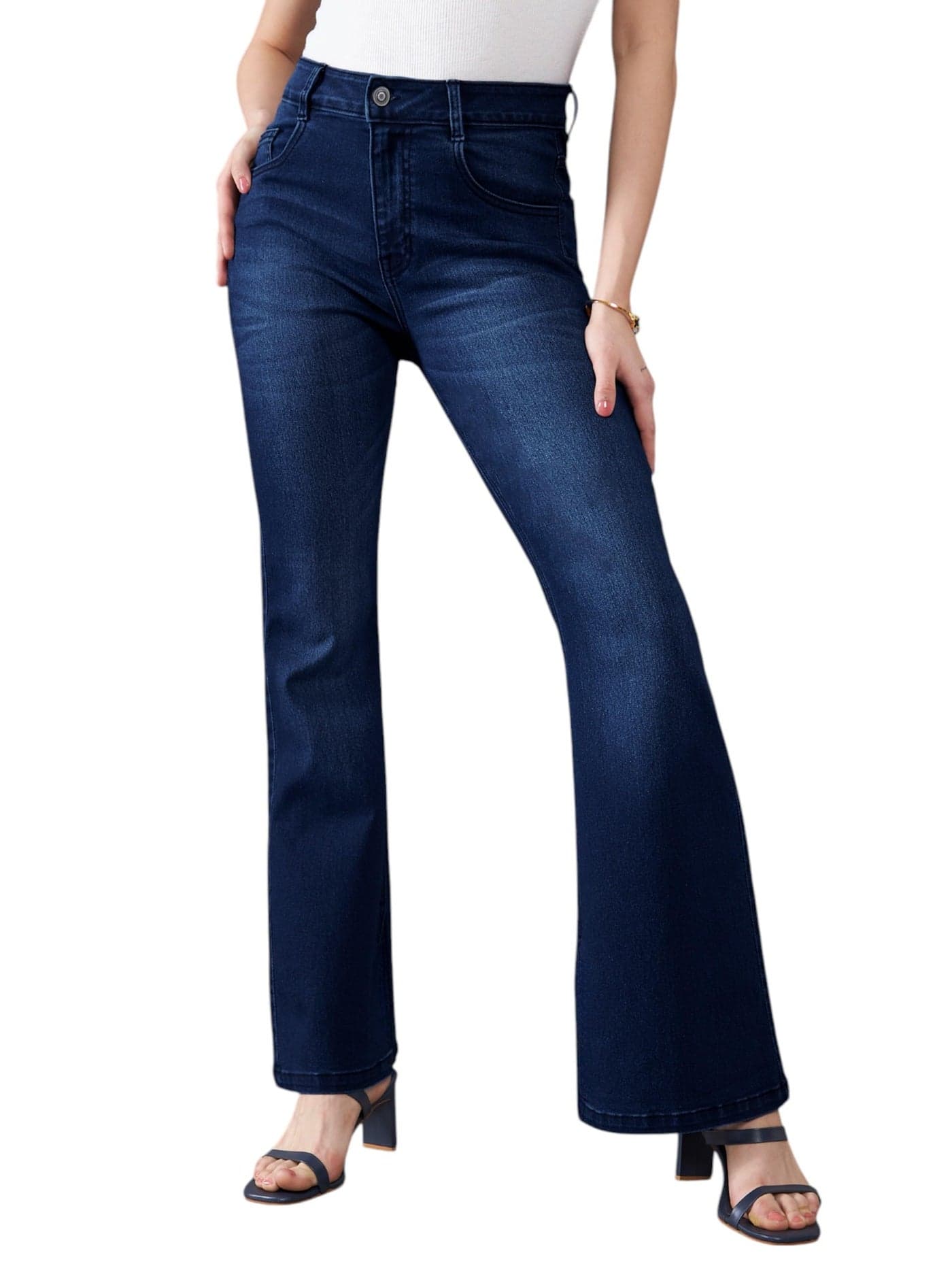 Miss Chase Women's High-Rise Clean-Look Bootcut Jeans (MCSS24DEN79-03-354-30, Prussian Blue, 30)