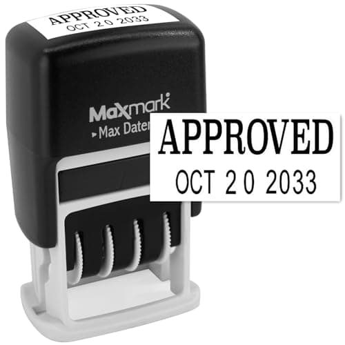 MaxMark Self-Inking Rubber Date Office Stamp with Approved Phrase & Date - Black Ink (Max Dater II), 12-Year Band