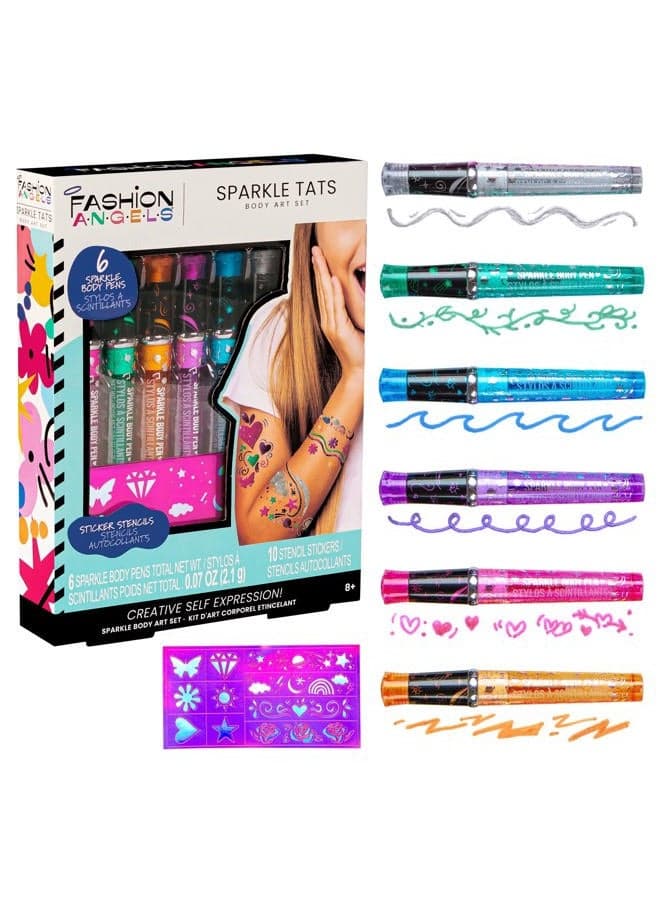 Sparkle Tats Body Art Set - Temporary Tattoo Pens, Washable & Shimmery Tattoo Body Ink, 6 Tattoo Body Markers Set with Stencil Stickers for Kids 8+, Multi (12674)
