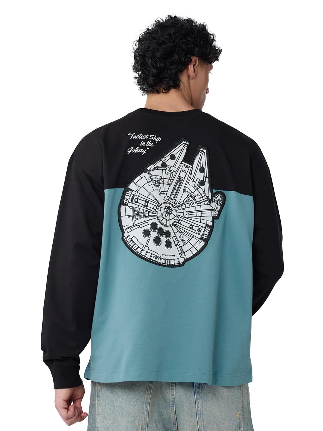 The Souled Store Star Wars: Fastest Ship Men and Boys Round Neck Blue and Black Graphic Printed Cotton Oversized Full Sleeve T-Shirts