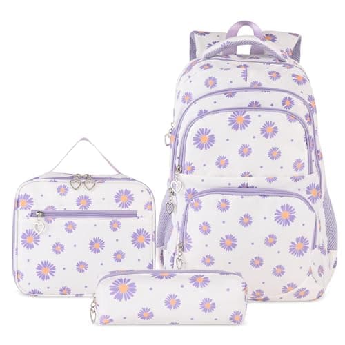 goldwheat Daisy Printed Backpacks With Lunch Pack Pencil Case 3pcs Lightweight Water Resistant Bookbag For Middle School