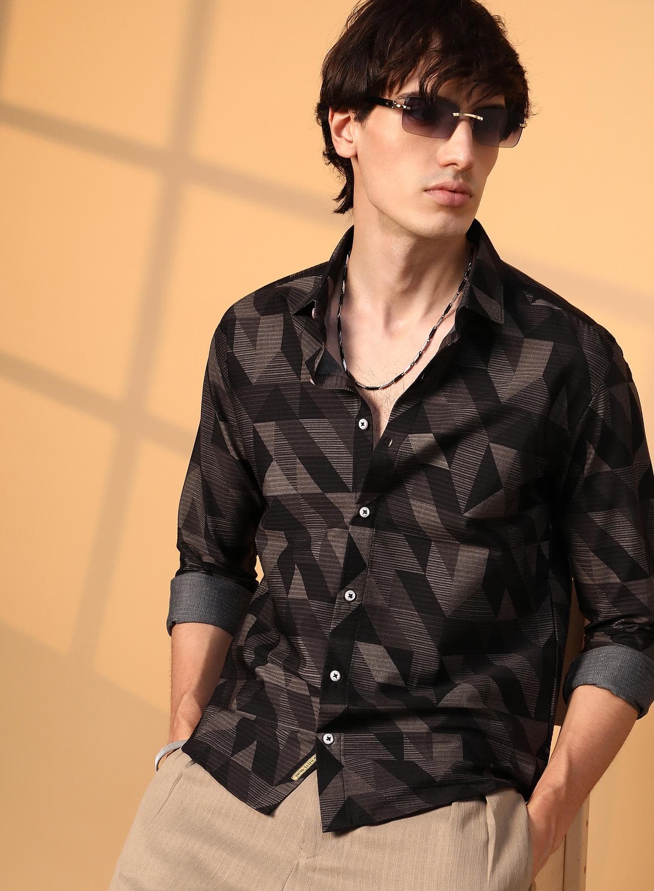 Men's Midnight Black Geometric Seersucker Shirt