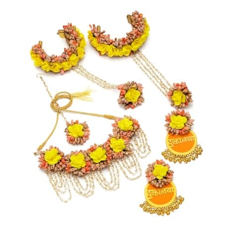Vrindavanstore.in Artificial Floral Jewellery Set for Bride | Haldi Mehndi Function Accessories | Handmade Flower Necklace, Earrings, Maang Tikka & Haathphool Combo | Yellow & Peach Color Set for Women