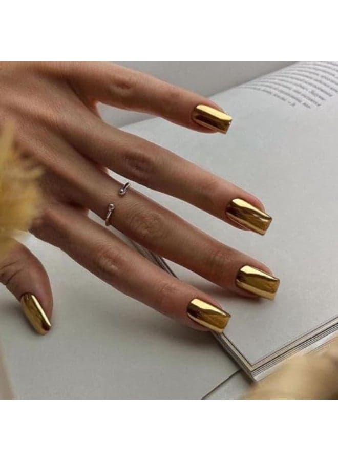 Light Gold Chrome Press on Nails Short Medium Square KQueenest Mirror False Acrylic Nails Press Ons Metallic Fake Nails Short Cute Glitter Stick on Nails for Women Birthday Party Decoration 24 Pcs