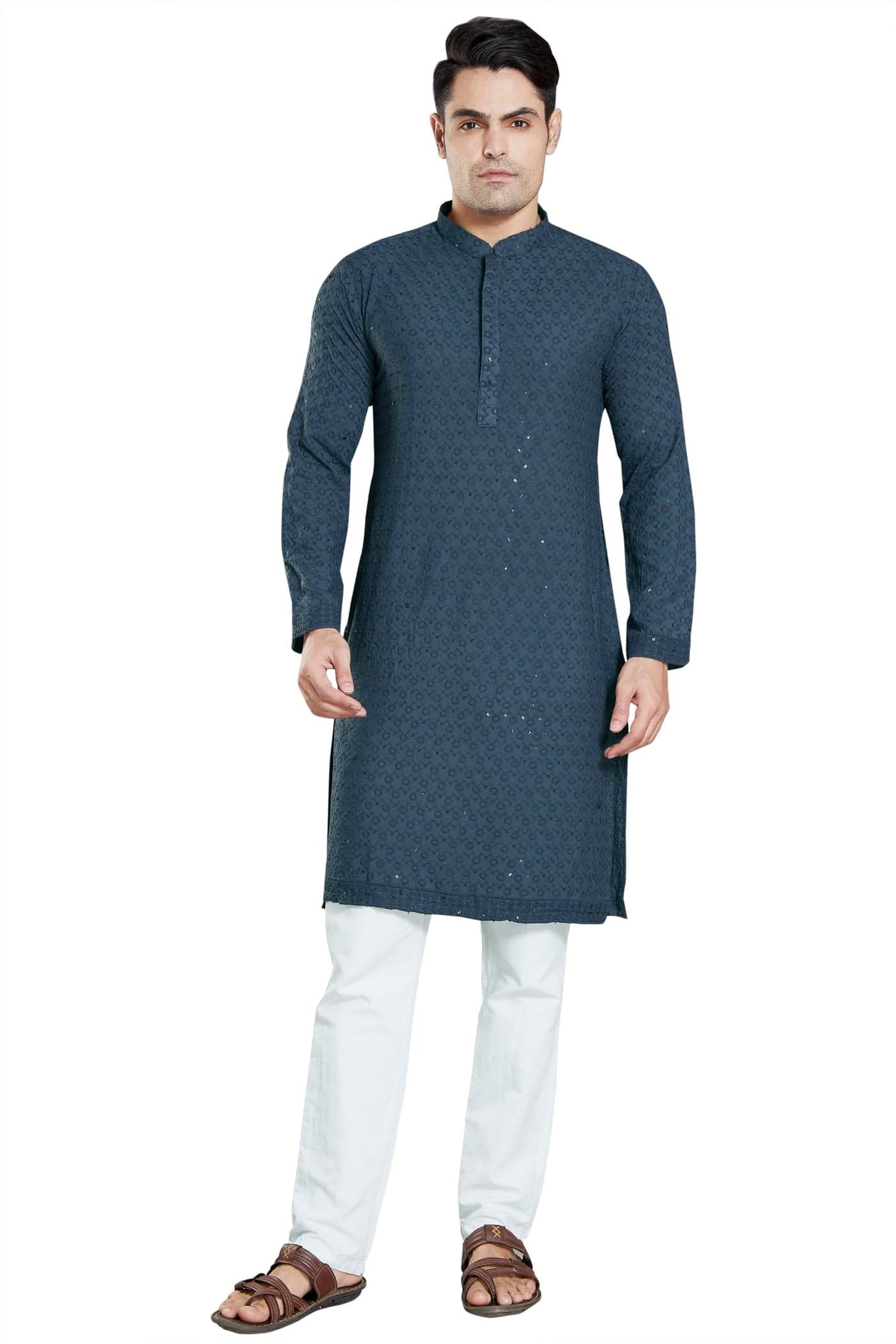 DIVISIVE Men's Sequince Embroidered Cotton Blend Slim Fit Kurta Pyjama Set (DKRT33_XXL_Dark Grey)