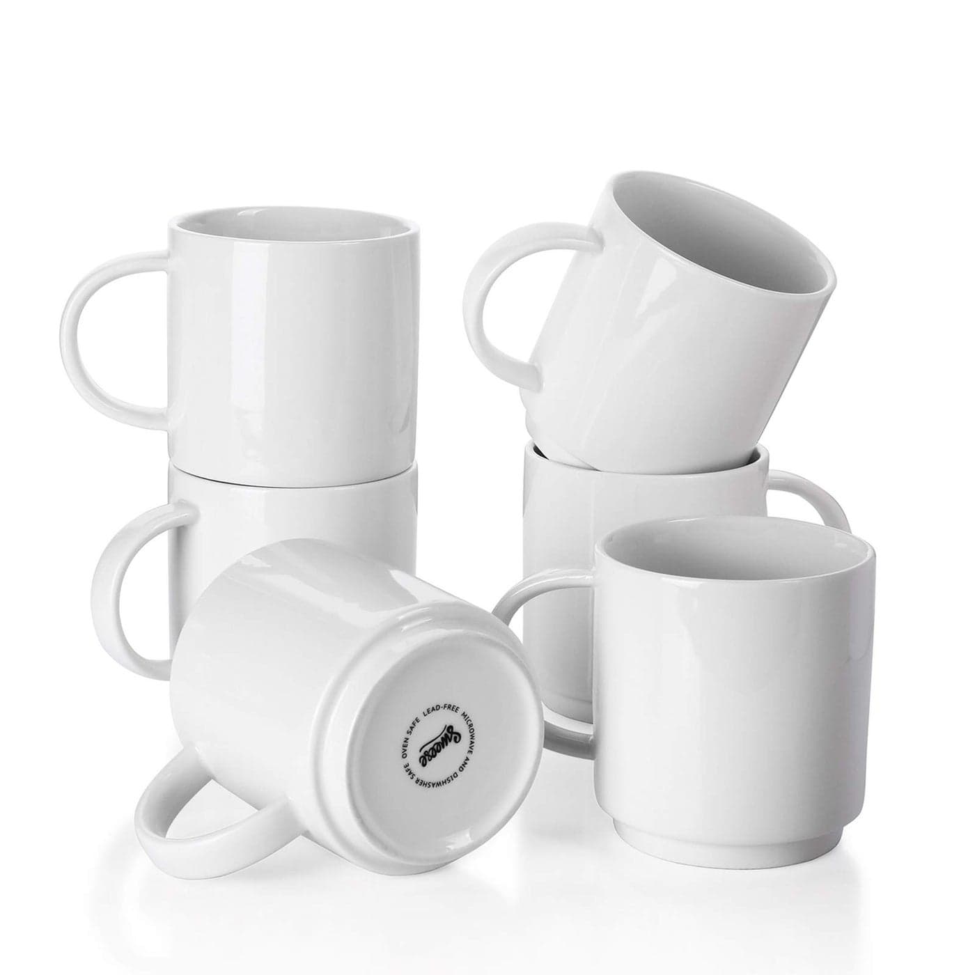 Sweese 10 Oz Stackable White Coffee Mug Porcelain Coffee Mugs Sets of 6 Coffee Cups with Handle for Specialty Coffee Drinks Cappuccino Cafe Mocha Latte and Tea White