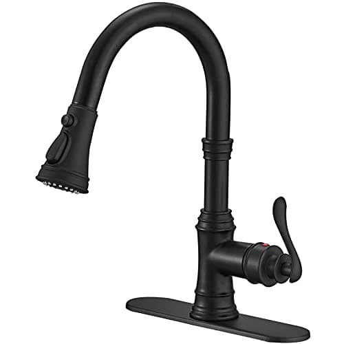 Bathfinesse Matte Black Kitchen Faucet with Pull Down Sprayer 3 Function Faucet for Kitchen Sink Single Handle High Arc Commercial Pull Out Spray Head RV Kitchen Faucet Gooseneck Deck Plate Include