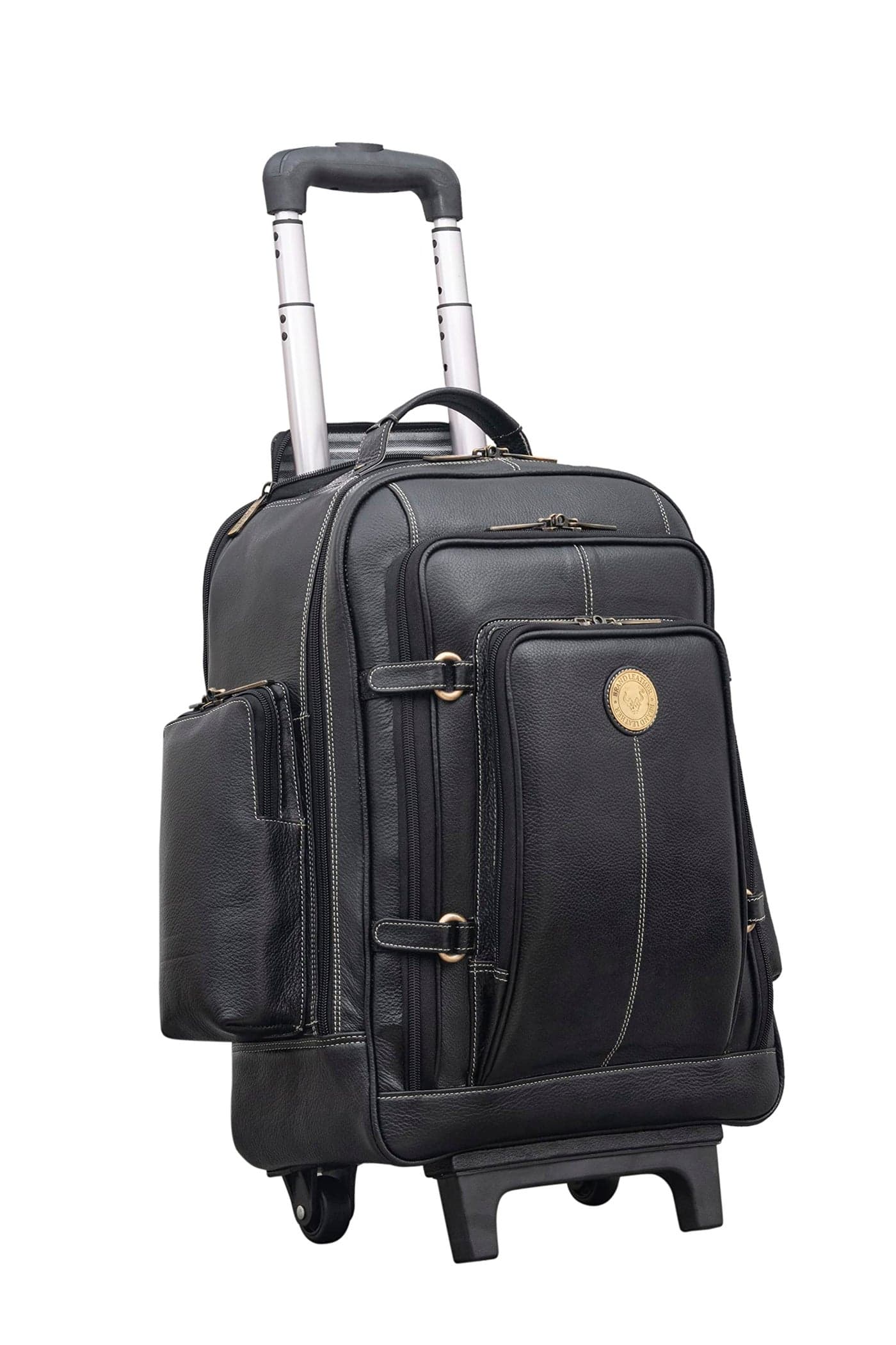 BRAND LEATHER Rolling Backpack Wheeled Laptop Backpack for Travel, Trolley Luggage Suitcase Compact Business Bag Student Laptop Bag for Men Women (BLACK)