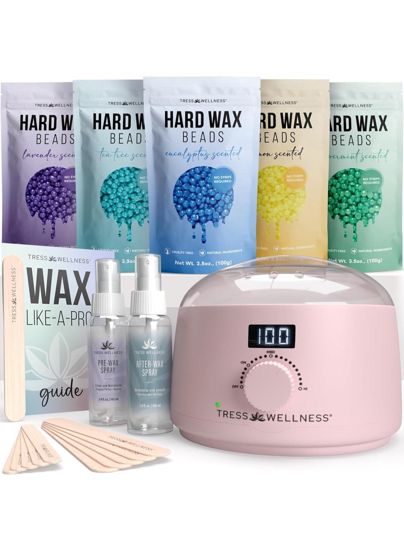 Tress Wellness Award Winning Waxing Kit for Sensitive Skin – Safe for Face & Skin, Easy to Use – At-Home Kit for Face, Bikini, Brazilian & Full Body - Digital Display, Pink