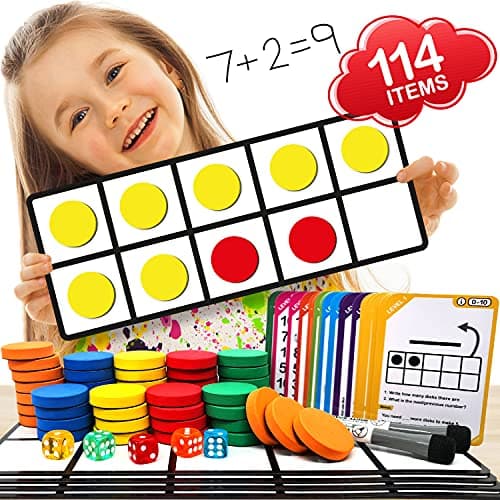 Magnetic Ten Frame Set 4 Durable TenFrames 50 Colorful Counters 50 Math Flash Cards 5 Dice Addition Subtraction Math Manipulatives Kit for Home Kindergarten Elementary Teachers