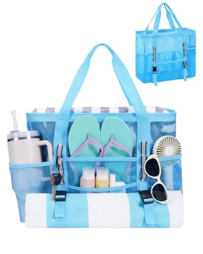 WANDF Mesh Beach Bag for Women Large Beach Tote Bags with 40oz Tumbler Side Pockets Family Pool Bag for Swim Toys Towels Cruise Vacation Essentials Blue