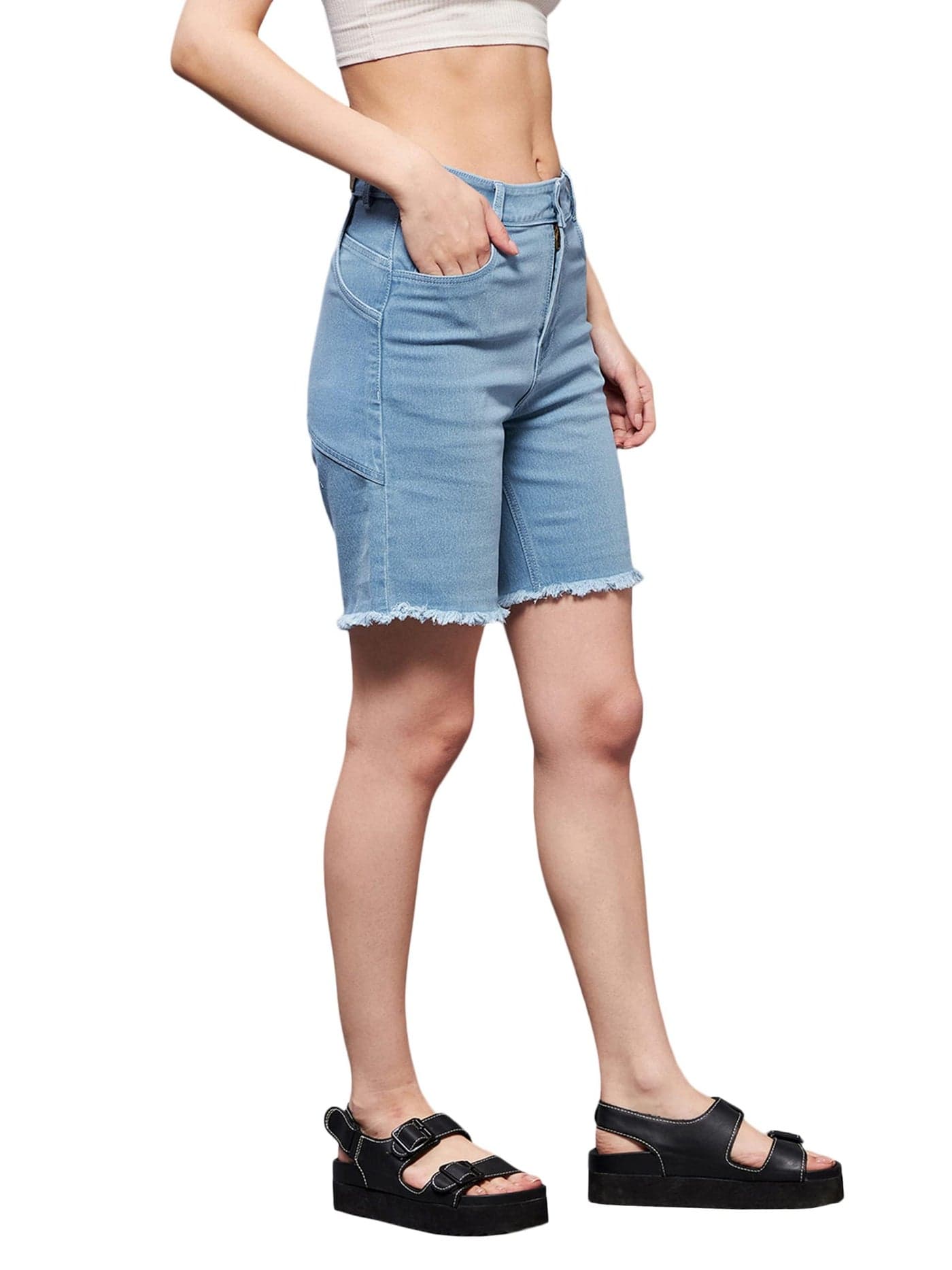 Miss Chase Women's Light Blue Regular High Rise Clean Look Above Knee Stretchable Denim Shorts (MCSS22DEN09-05-158-28, Light Blue, 28)