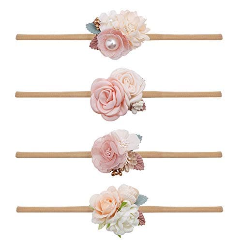 mligril Baby Girl Nylon Headbands Flower Hair Bows AccessoriesElastic Hair Band Crown Handmade FLoral Wraps Birthday Gifts for Girls Newborn Infant Toddler 4Pcs