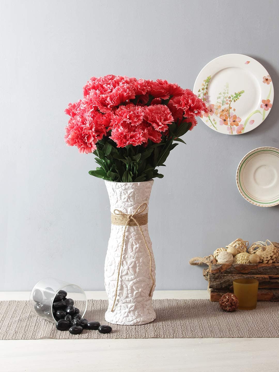 Fourwalls Beautiful Decorative Artificial Carnation Flower Bouquet for Home décor (Set of 2, 50 cm Tall, 18 Flower Stems, Bay/Pink)