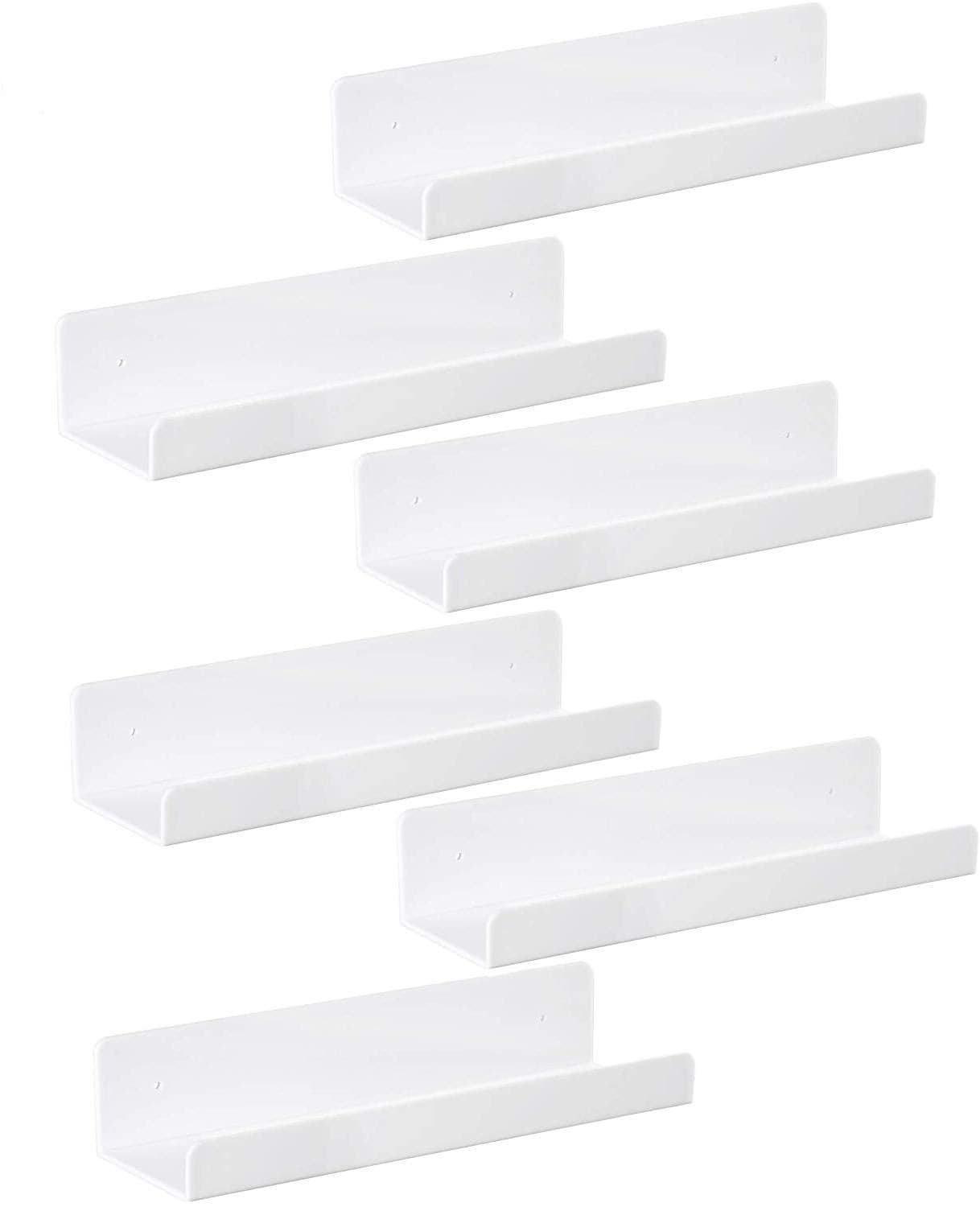 IEEK 6 PCS White Acrylic Floating Shelves Display Ledge,Wall Mounted Nursery Kids Bookshelf,15 Inch Bathroom Wall Shelf and Storage Rack,5mm Thick U Shelf