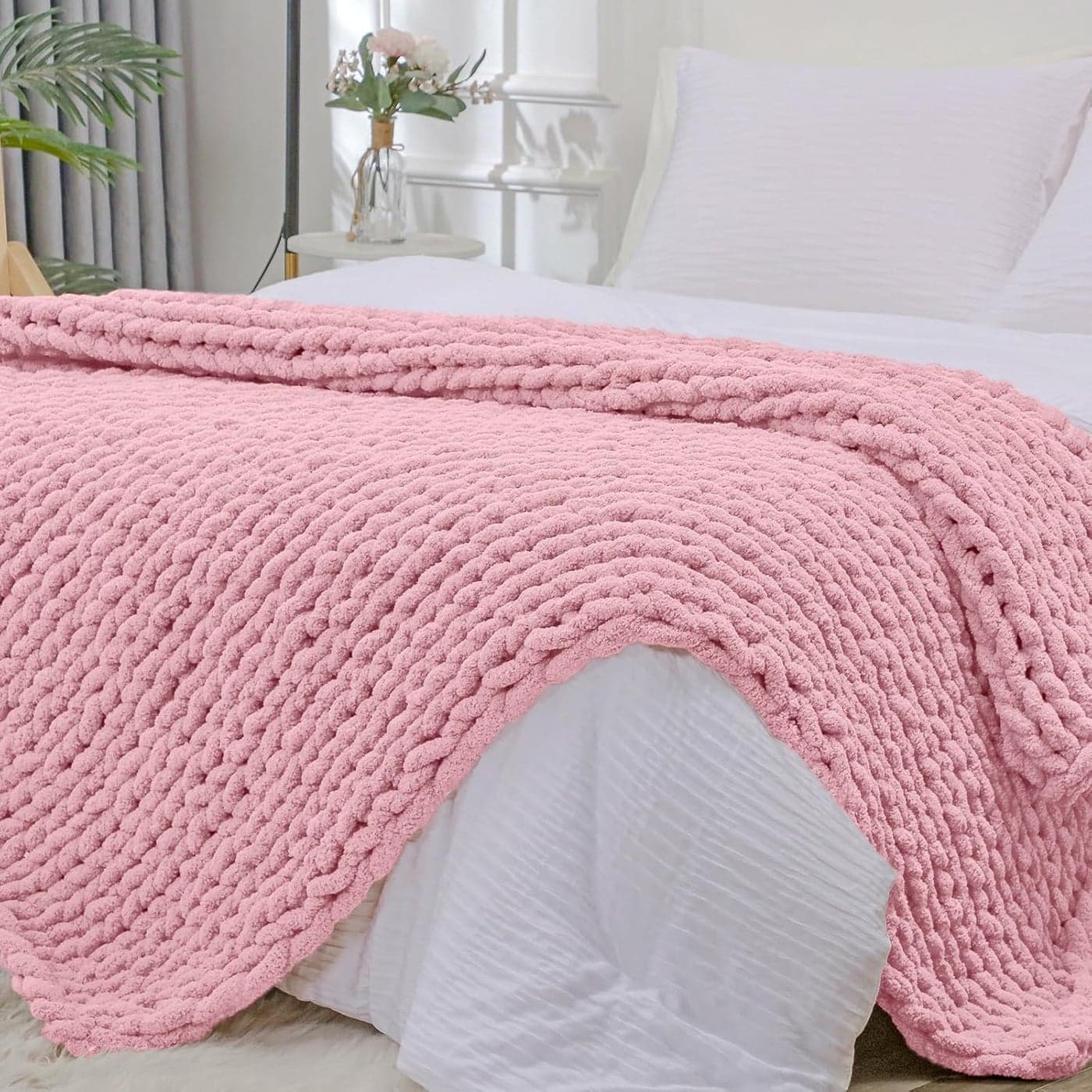 Bigacogo Chunky Knit Throw Blanket for Couch 51x63 inches 100 Hand Knitted with Thick Jumbo Chenille Yarn Cozy Soft Large Rope Knot Cable Crochet Blankets for Sofa Bed Living Room Blush Pink