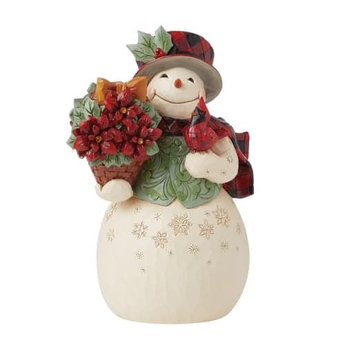 Enesco Jim Shore Heartwood Creek Highland Glen Snowman with Poinsettia Basket Figurine Stone Resin Hand Painted Crafted Collectible Snowman Figurines Christmas Home Decor Statue 728 Inch
