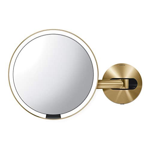 simplehuman Sensor Mirror, Wall Mount Makeup Mirror with Light, 8" Round Lighted with Magnification (5X), Hard Wired, Swing Arm, Brass Stainless Steel