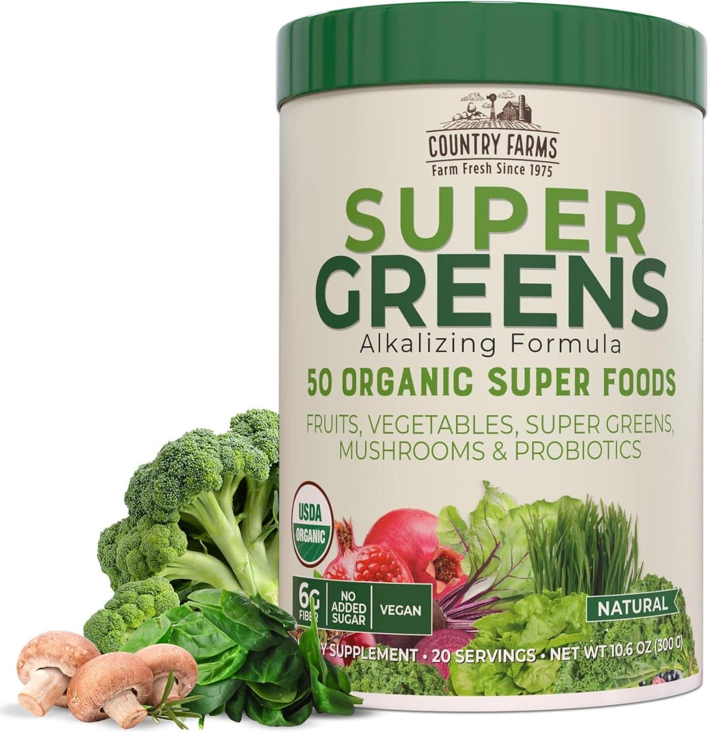 Country Farms Super Greens Natural Flavor, 50 Organic Super Foods, USDA Organic Drink Mix, 20 Servings (Packaging May Vary), 10.6 Oz