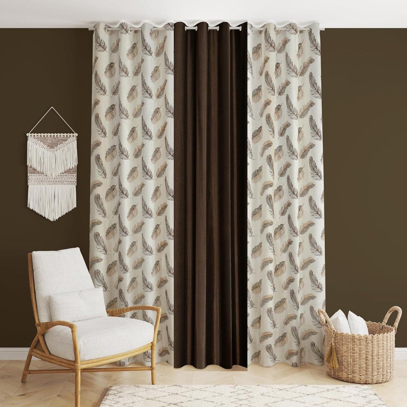 DEVSANG Polyester 2 Print and 1 Solid Grommet Curtains for Long Door 9 Feet Long Set of 3 Brown LightFiltering