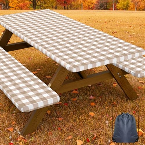 Smiry Picnic Table Cover with Bench Covers, Waterproof Elastic Fitted Tablecloths for 6 Foot Rectangle Tables, Washable Buffalo Plaid Tablecloth for Camping, Outdoor (Khaki & White, 30"x72")