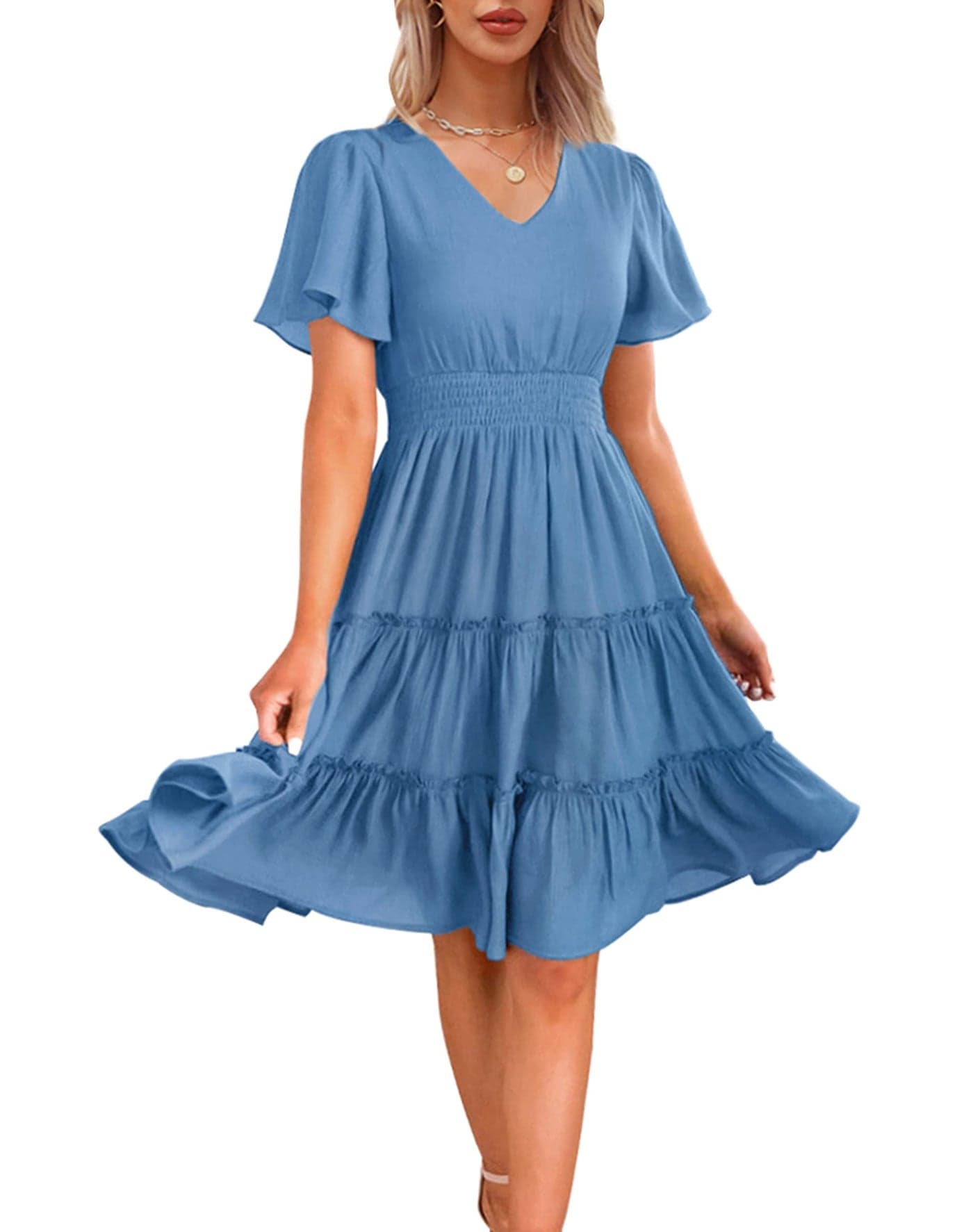 Zattcas Sping Summer Dresses for Women 2025 Short Sleeve V Neck Smocked Casual Flowy A Line Tiered Modest Teacher Work Graduation Wedding Guest Midi Dress Blue M