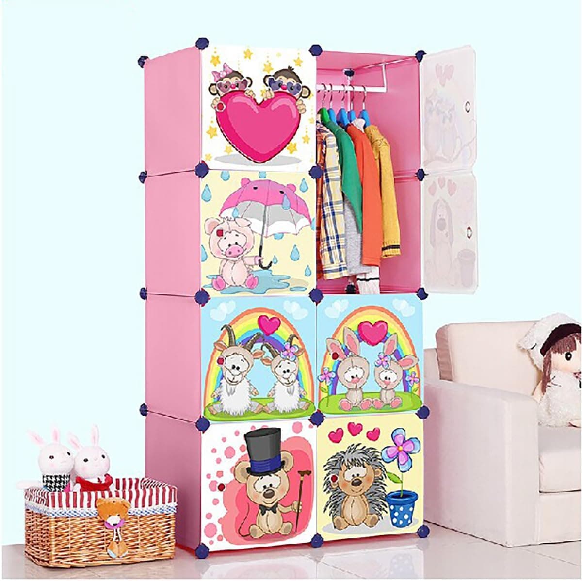 AYSIS Almirah for Clothes, Plastic Soft Sheet Collapsible Wardrobe for Kids Toys/Books, Baby Cupboard Storage in Bedroom Nursery, Cartoon (GT Pink, 8-Shelf-8-Door)