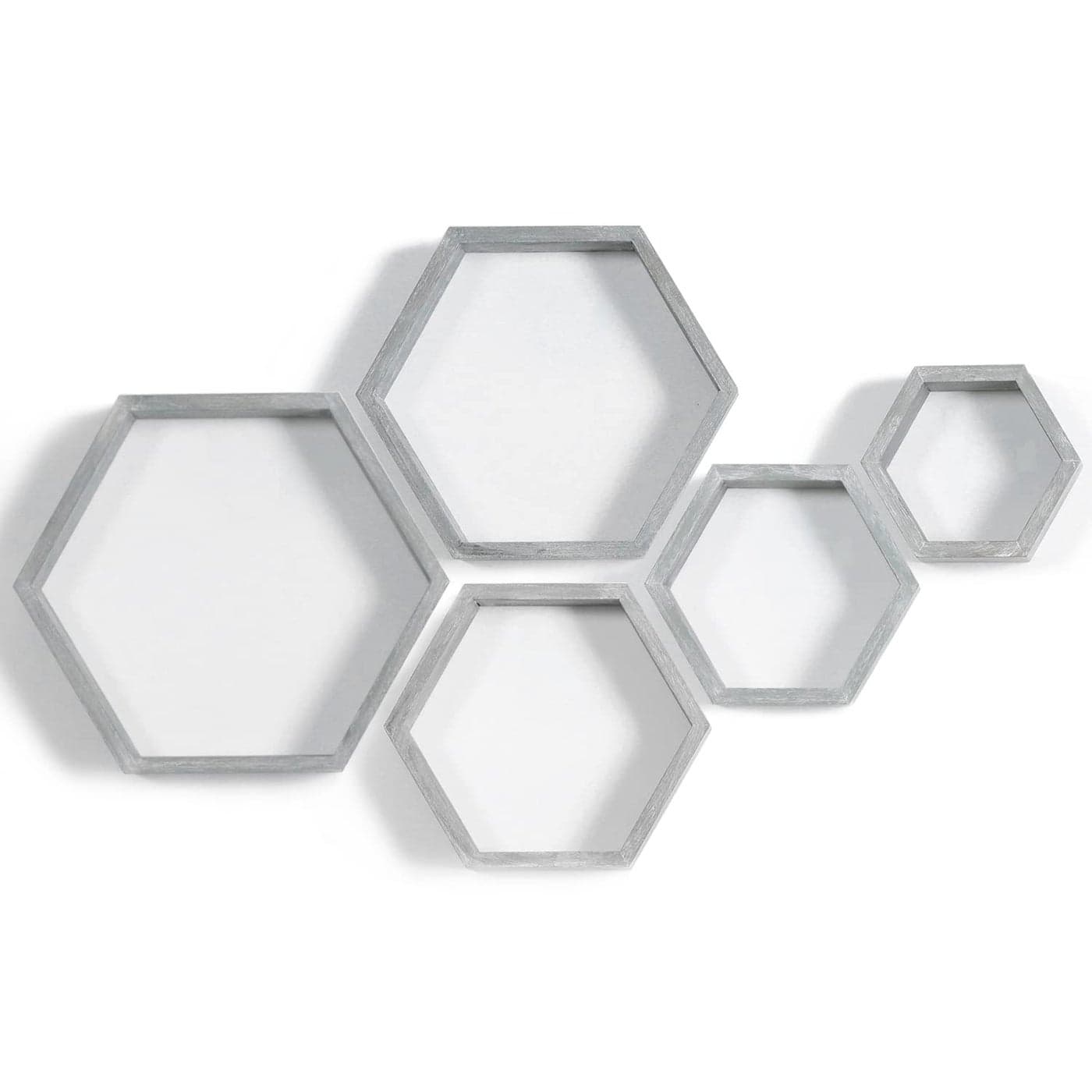 PHOENANCEE Hexagon Floating ShelvesWall Mounted Wood Farmhouse Storage Honeycomb Wall Shelf Set of 5for Bathroom Kitchen Bedroom Living RoomOfficeDriftwood Finish Vintage Grey