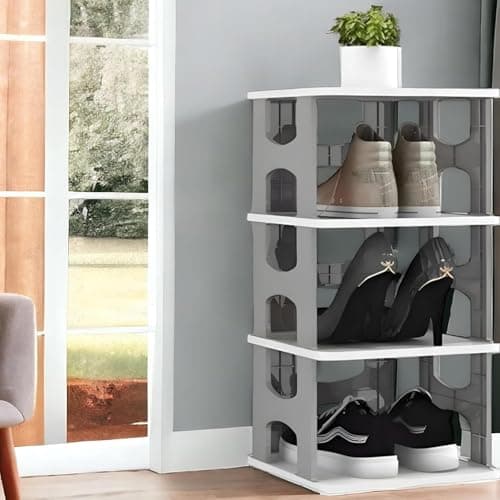 JEYANG 4 Tier Shoe Rack, Shoe Racks for Closet, Free-Combination Narrow Shoe Storage Organizer for Bedroom & Entryway, Space Saver Stackable Shoe Shelf,Grey (1 Pcs of 4 Tier (Grey))