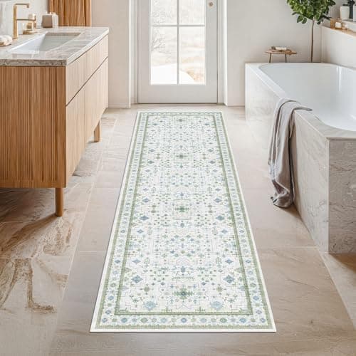 Hazo Haus Washable Oushak 2x6 Bathroom Runner Rug Eclectic Boho Floral Pastel Non Slip Low Pile Stain Resistant Small Throw Rug for Bedroom Laundry Room Powder Room Cream Green