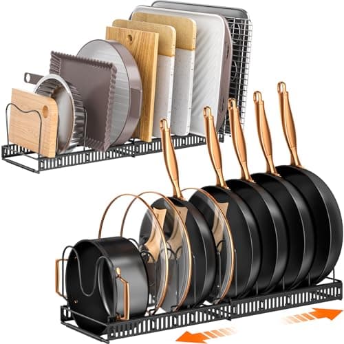MUDEELA 2 Pack Pots and Pans Organizer Rack for under Cabinet, Expandable Pot Lid Kitchen Cabinet Organizer Holder with 10 Adjustable Compartment Cutting Board Organizer for Pan Lid, Bakeware Sheet