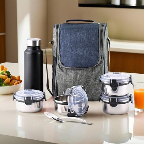 Kuber Industries Leakproof & BPA Free Lunch Boxes for Office Men & Women | Compact Tiffin Bags with Bottle & 4 Spill-Proof Containers | Grey & Blue