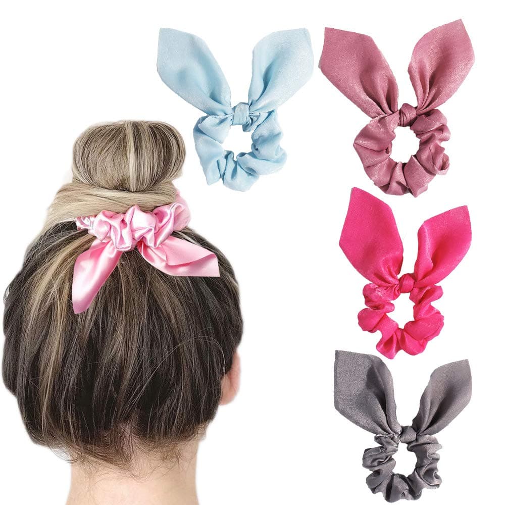 Solid Colors Hair Scrunchies Cute Bunny Ears Hair Ties Ponytail Holders with Bow Women Girls 4 ColorsERose red Pink Gray Blue