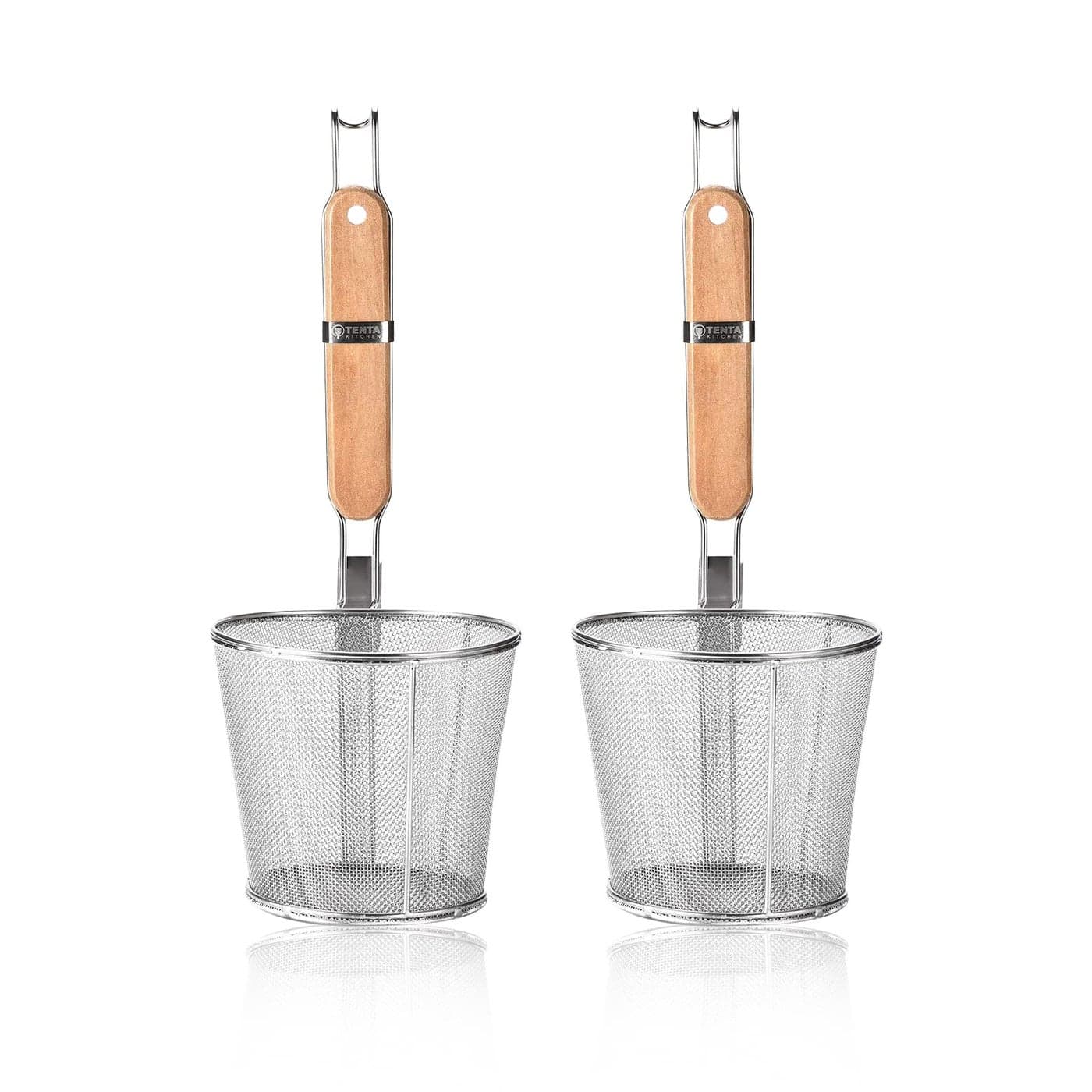 2 Pieces Pasta Strainer Basket Stainless Steel Fine mesh Pasta Strainer Basket with Wooden Handle Good For Boiling Food Spaghetti Dumpling Dia 55inch14cm
