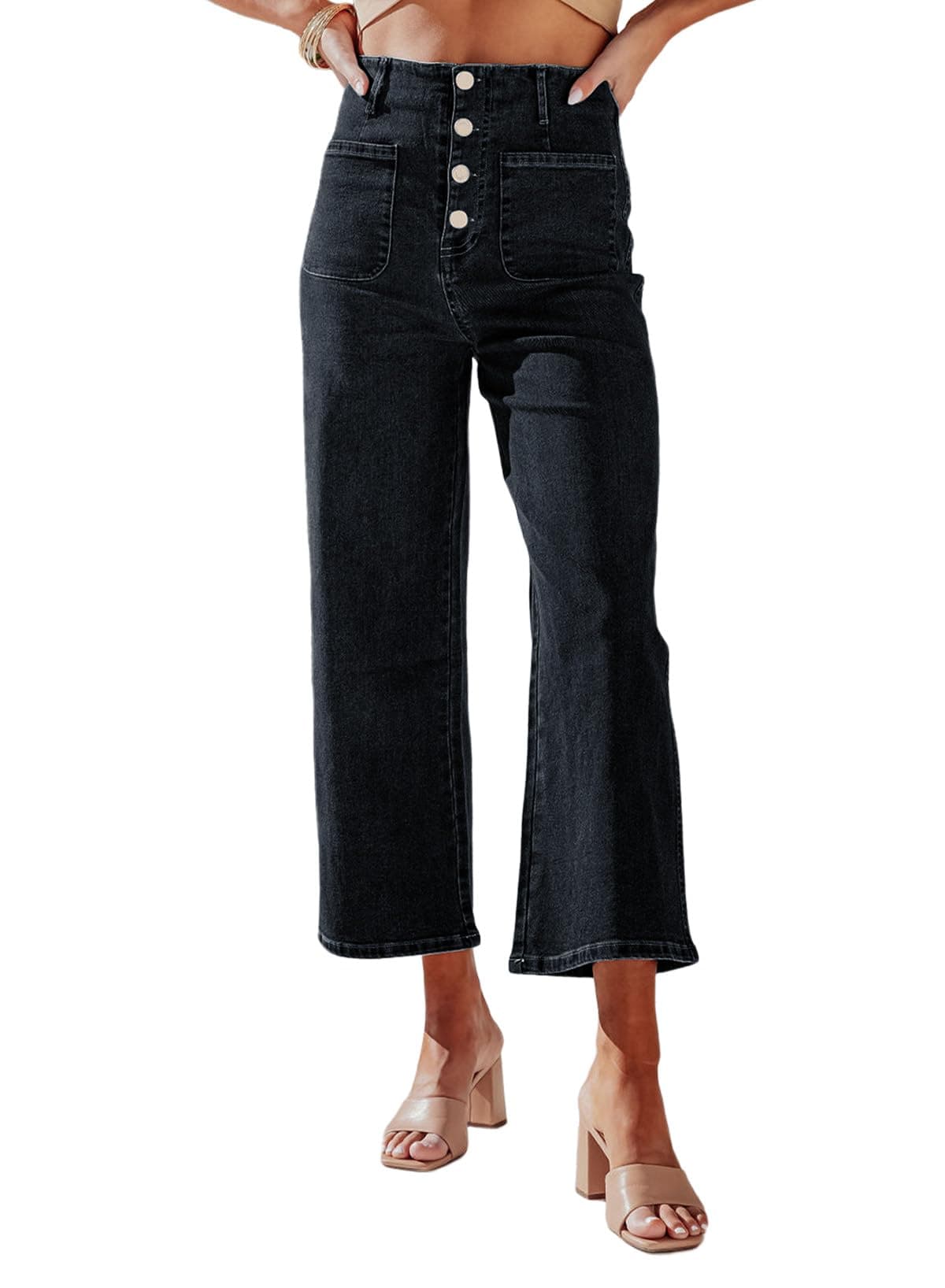 Sidefeel Women's Wide Leg Jeans High Waisted Stretchy Zimbaplatinum Straight Leg Jeans Buttoned Loose Denim Pants with Pocket Black Size 6