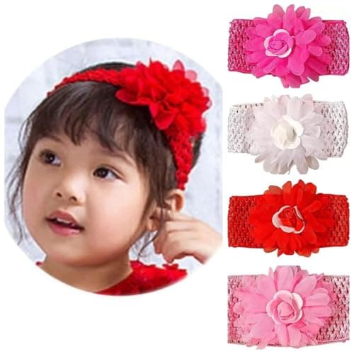 MISS LIRENN® Bow and Rose Floral Design Crochet Headband for Newborn Infant Girls and Toddlers, 4 Colours Pack - Hot Pink, White, Red, Light Pink