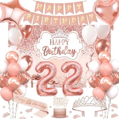 22nd Birthday Decorations for Women 52pcs Sweet Rose Gold Happy 22 Birthday Decorations Including 22nd Rose Gold Crown Sash Banner Background for 22 Party Decorations Set