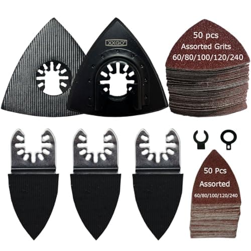 XXGO Oscillating Multi Tool Sanding Kit 105 Pcs Including Triangle Finger Sanding Pads 100 Pcs Multi Tool Sandpaper for Wood