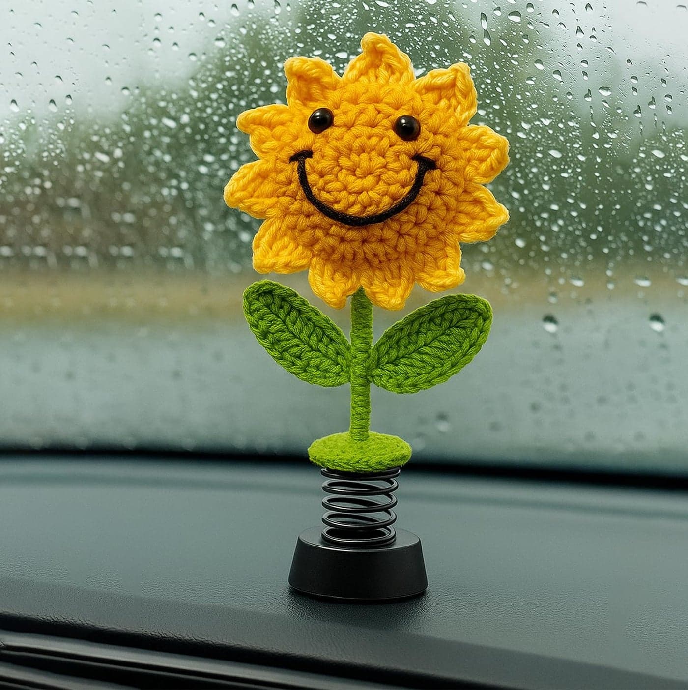 SYCAMORE EAST Handmade Crochet Sunflower Car Dashboard Decorations Gifts for Women, Cute Sun Flower Hippie Car Bobblehead Dashboard Decor, Smiley Face Mini Sunflower Spring Desk Decorations