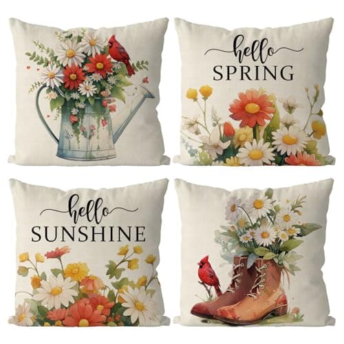 GAGEC Spring Pillow Covers 18x18 Inch Set of 4 Cardinal Floral Throw Pillowcase Hello Sunshine Home Sofa Bedroom Living Room Holiday Cushion Case Farmhouse Decorations