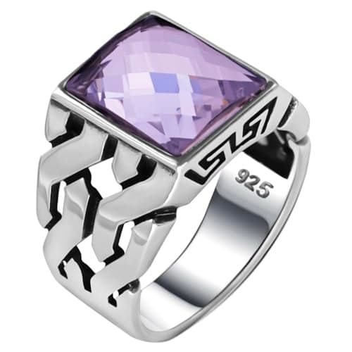 Men's Solid Genuine 925 Sterling Silver Ring Simulated Purple Amethyst Handmade Cuban Link Chain Motif Braided Ring, gift for men (Simulated Amethyst, 8)