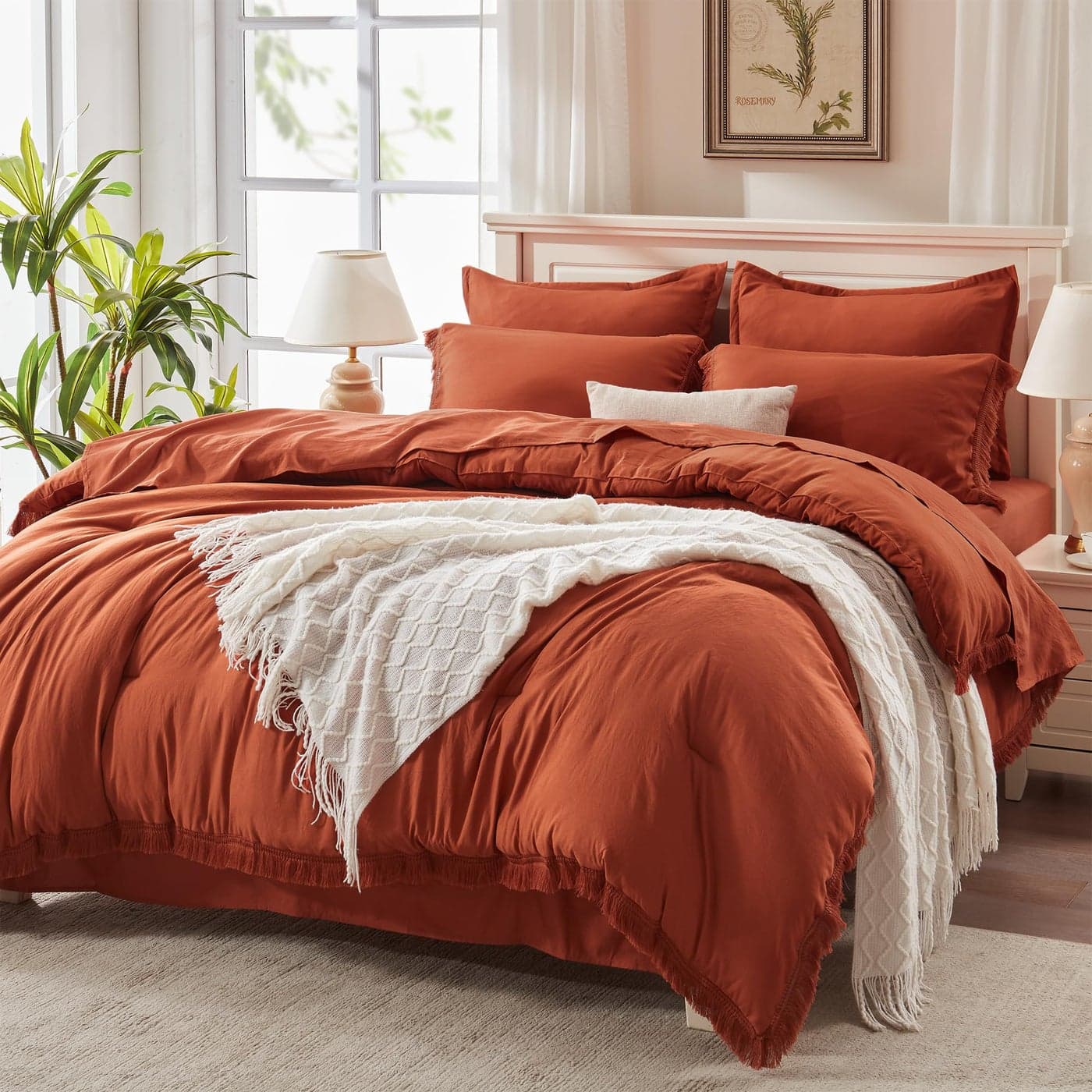 Andency Queen Comforter Set with Sheets Burnt Orange 7 Pieces Boho Tassel Bed in a Bag Soft Lightweight Bedding Sets Terracotta Rust Fringe Bed Set with Comforter Sheets Pillowcases Shams