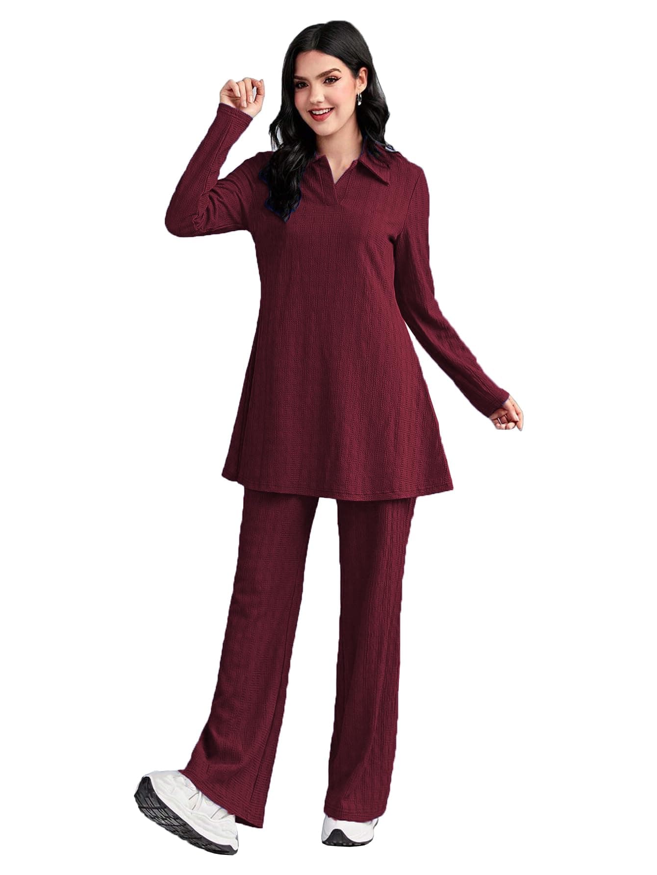 TADKEE Women's Polyester Solid Color Two-Piece Set | Long Sleeve Top & Wide Leg Pants Co-Ord Set | Casual Wear Co Ord Set (FN-Full-Sleeve-Cord-125-Maroon-XL)