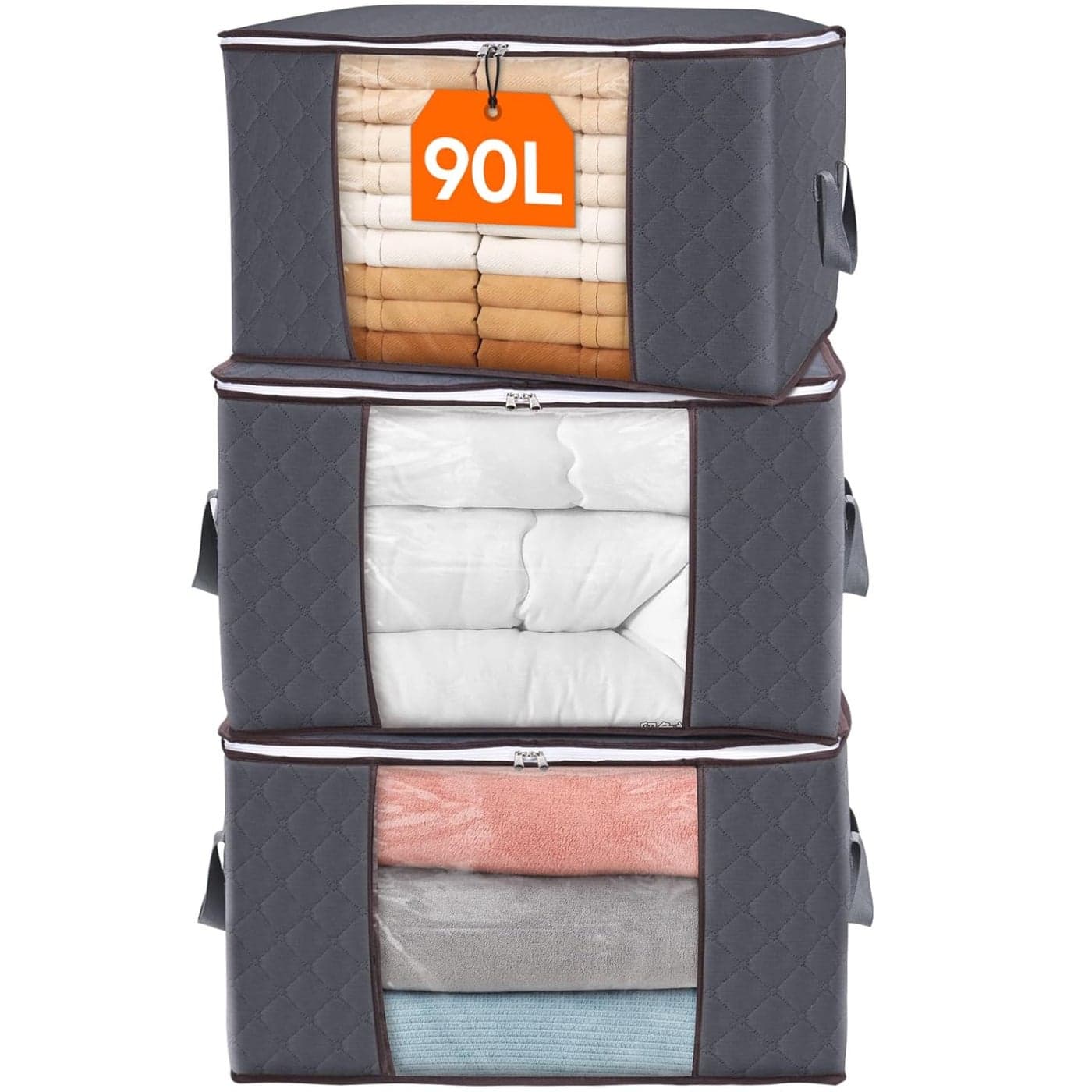 Lifewit Large Capacity Clothes Storage Bag with Reinforced Handle Thick Fabric for Comforters Blankets Bedding Breathable Foldable Closet Organizer with Sturdy Zipper Clear Window Grey 3 Pack