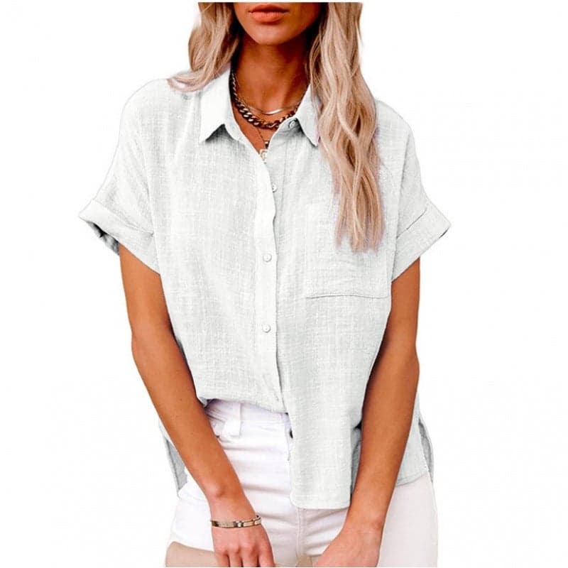 Wish New Women'S Solid Color Linen Shirt Short Sleeve Casual Loose Shirt