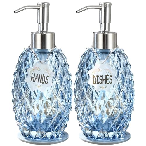 MALACHI Soap Dispenser Set, Crystal-Textured Diamond Glass with Rustproof Stainless Steel Pump, Dual-Labelled Hand & Dish Soap Dispenser for Kitchen & Bathroom