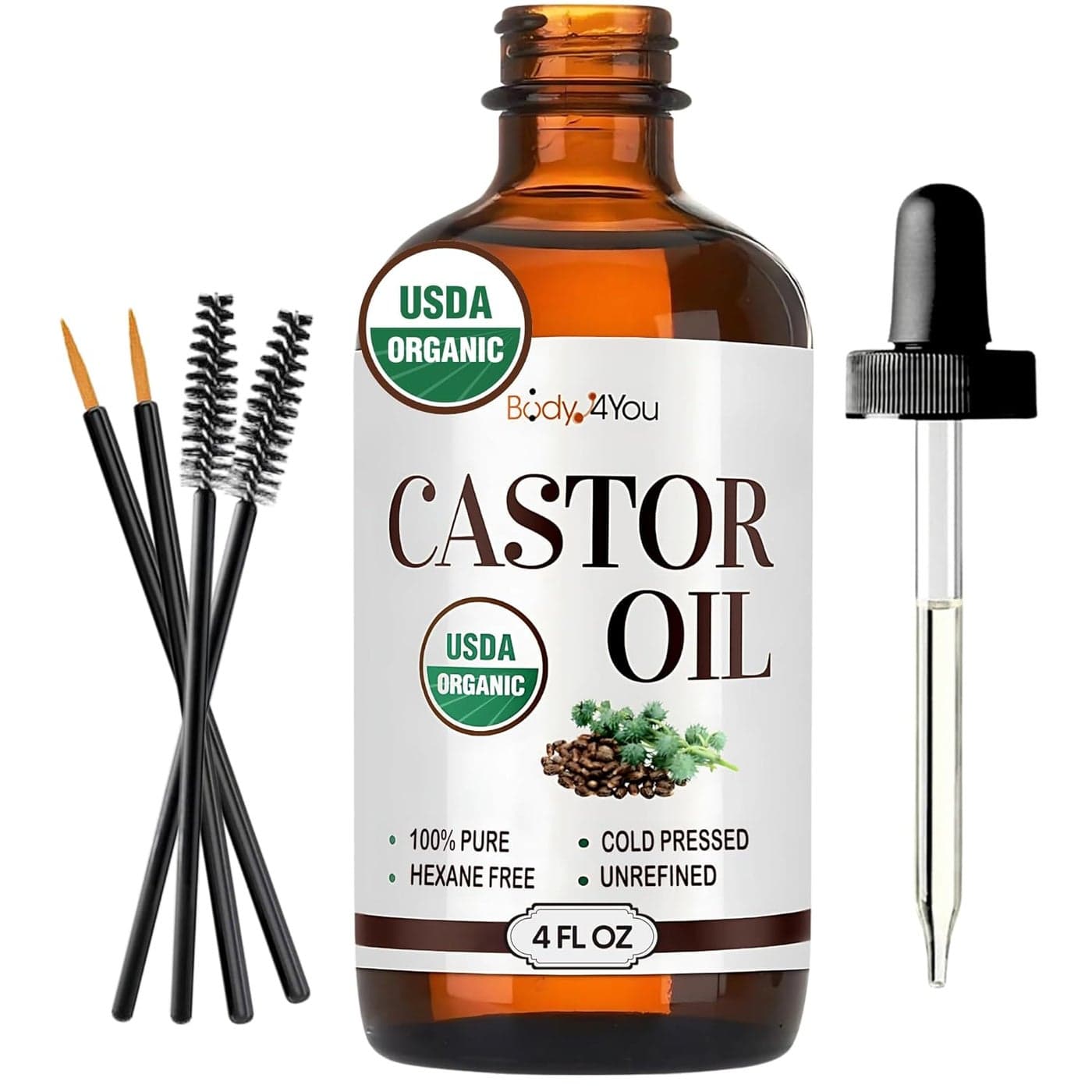 BodyJ4You Castor Oil for Face Hair Growth Oil Eyelash and Eyebrows Brush Brow Serum Lash Oil 100 Pure Castor Oil USDA Organic Cold Pressed Unrefined Glass Bottle Hexane Free 4 Fl Oz