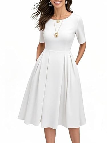 oxiuly White Novelty Dresses for Women 2025 Summer Business Casual Office Work Professinal Classy Half Sleeve Pleates High Waist A Line Scope Neck Vintage Dress OX165 White 5F S