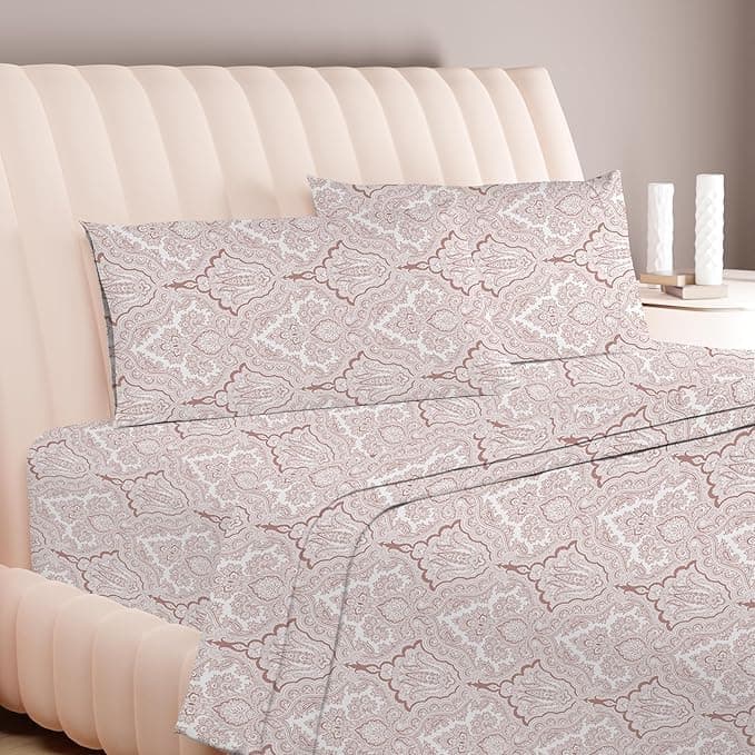 Carressa Linen Luxury Egyptian Cotton California King Printed Sheet Set 600 Thread Count Extra Long Staple 4 PC Set Paisley Blush Cal King Printed Sheets Soft Cooling Sheets Upto 18 in Deep Pocket